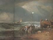 A coast scene with fisherman hauling a boat ashore (mk31)